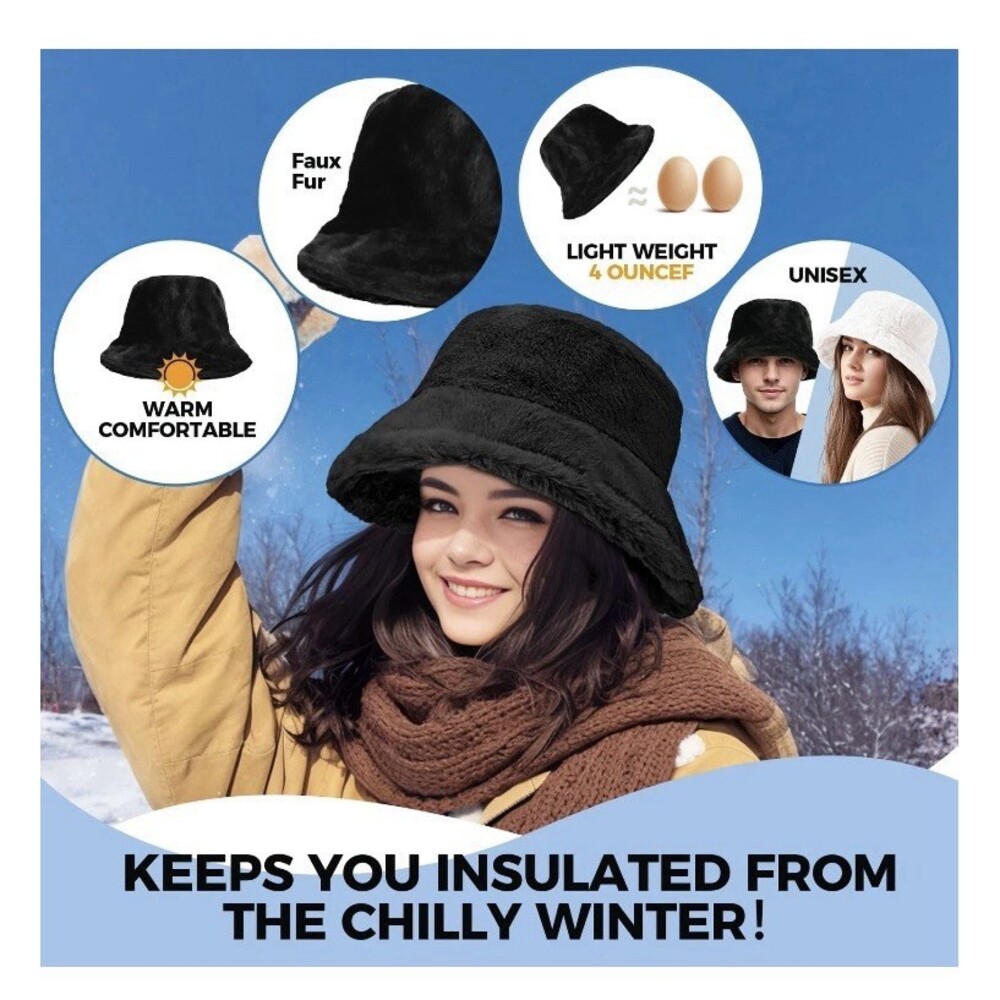 BFONS Faux Fur Winter Bucket Hat for Women Men Fuzzy Warm Hat Womens Furry Fi... - Picture 7 of 9